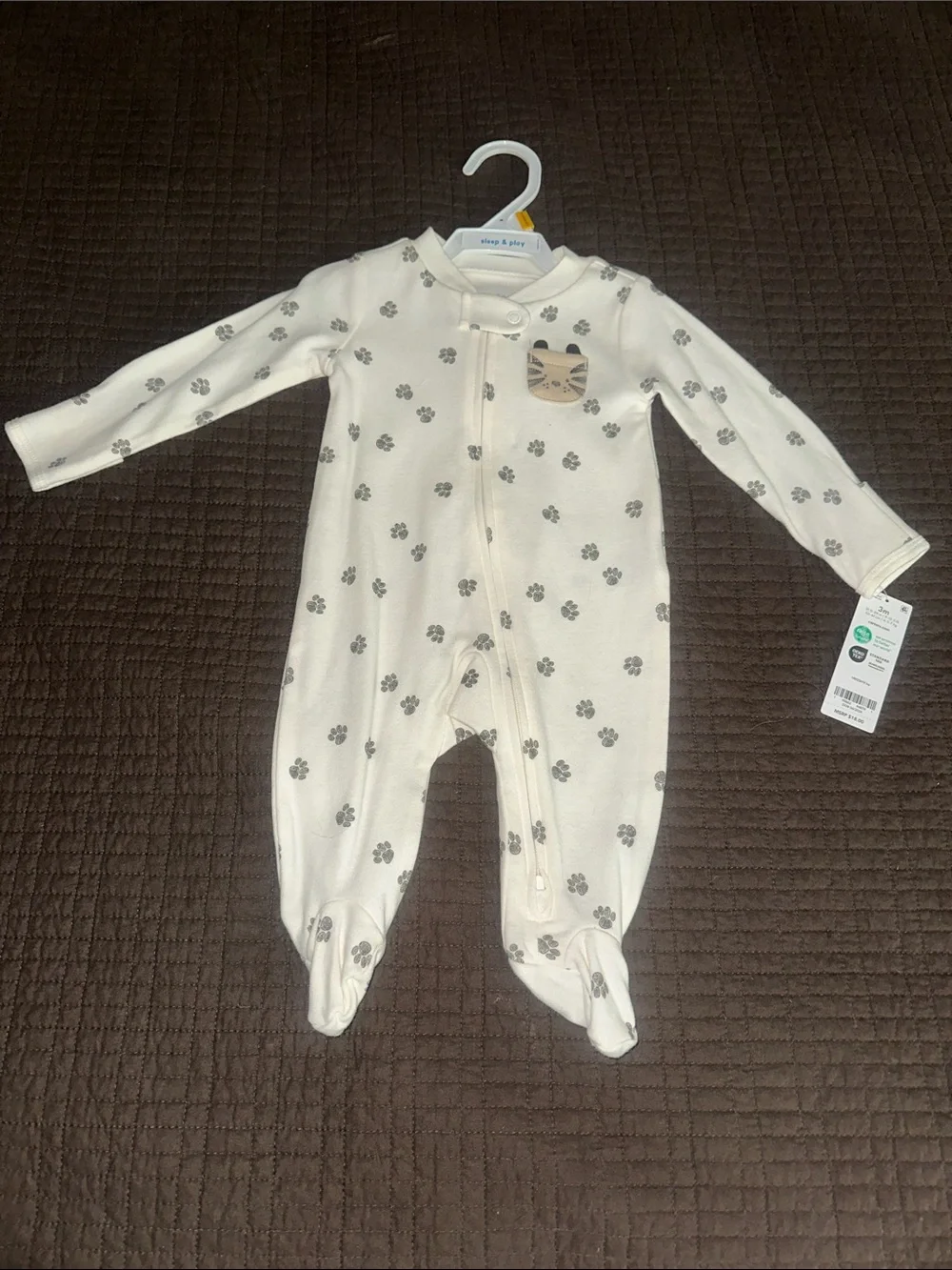 Carter's Cream Footed One-Piece with brown Paw Prints and Cat Patch